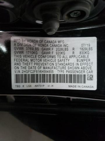 2HGFC2F81KH584855 - 2019 HONDA CIVIC SPORT 黑色 照片 12