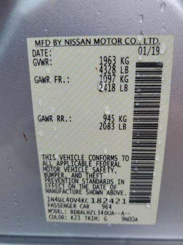 1N4BL4DV4KC182421 - 2019 NISSAN ALTIMA SV SILVER photo 12