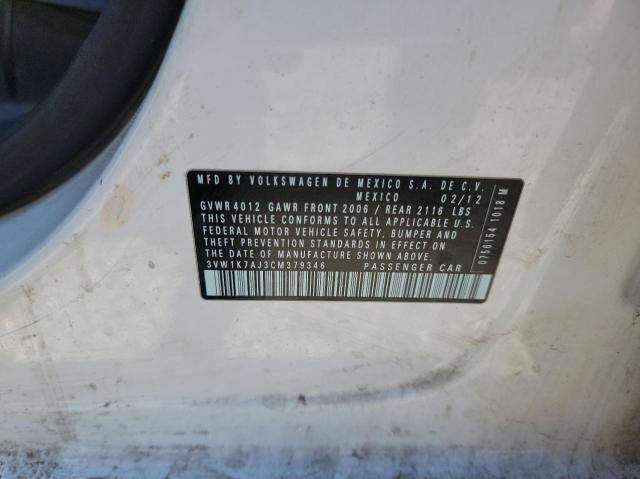 3VW1K7AJ3CM379346 - 2012 VOLKSWAGEN JETTA BASE 白色 照片 10
