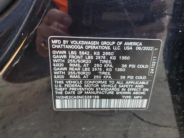 1V2HE2CA3NC226199 - 2022 VOLKSWAGEN ATLAS CROS SE BLACK photo 13