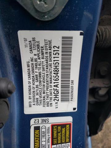 2HGFA16548H511512 - 2008 HONDA CIVIC LX BLUE photo 12