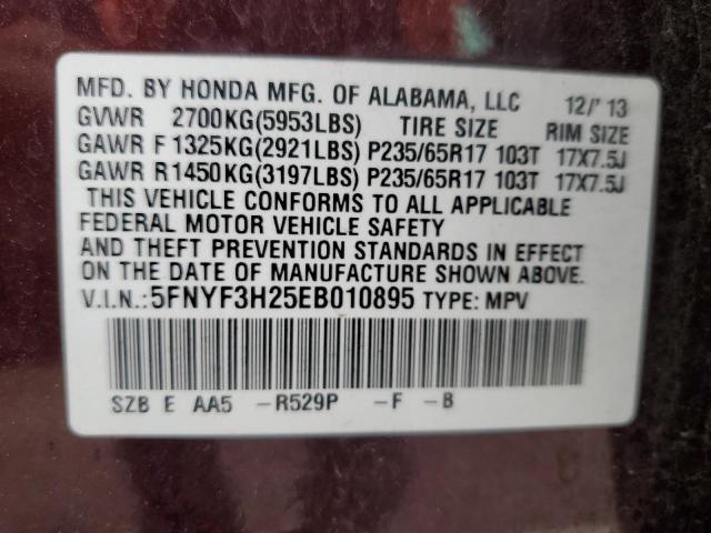 5FNYF3H25EB010895 - 2014 HONDA PILOT LX BURGUNDY photo 13