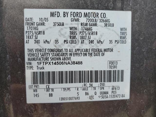 1FTPX14506NA38488 - 2006 FORD F150 GRAY photo 12