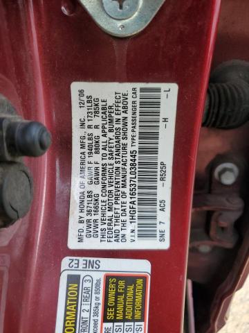 1HGFA16537L038445 - 2007 HONDA CIVIC LX RED photo 12