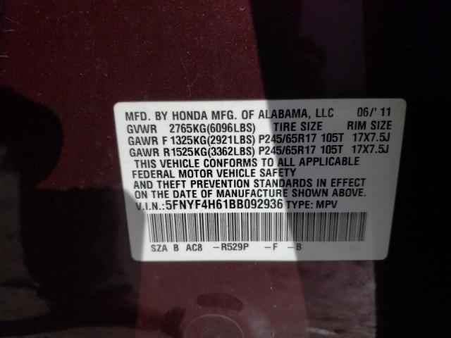 5FNYF4H61BB092936 - 2011 HONDA PILOT EXL BURGUNDY photo 13