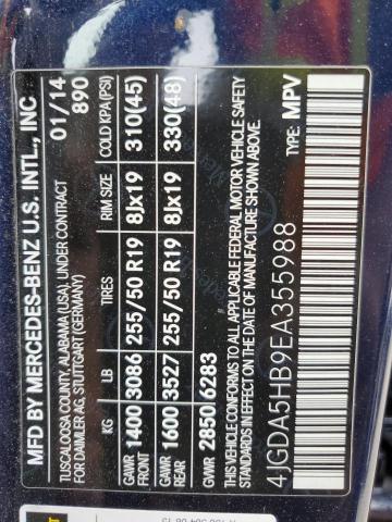 4JGDA5HB9EA355988 - 2014 MERCEDES-BENZ ML 350 4MATIC BLUE photo 12