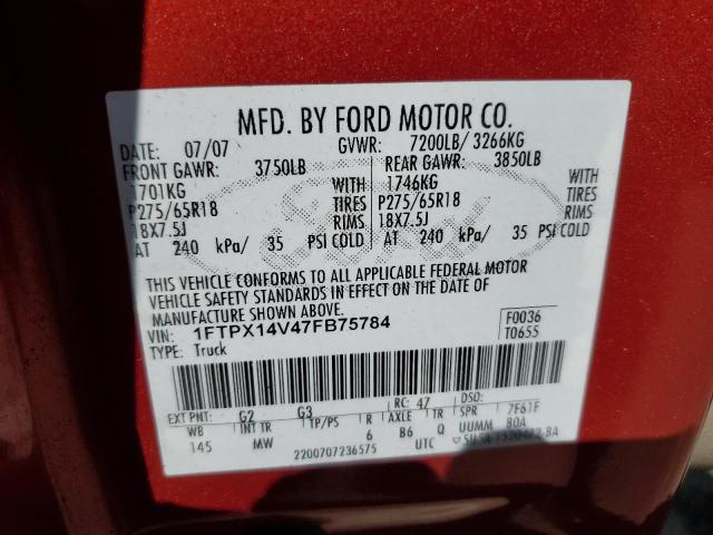 1FTPX14V47FB75784 - 2007 FORD F150 RED photo 12