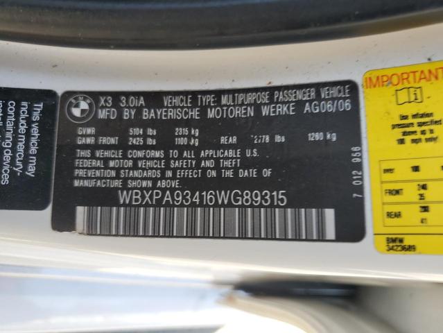 WBXPA93416WG89315 - 2006 BMW X3 3.0I WHITE photo 13