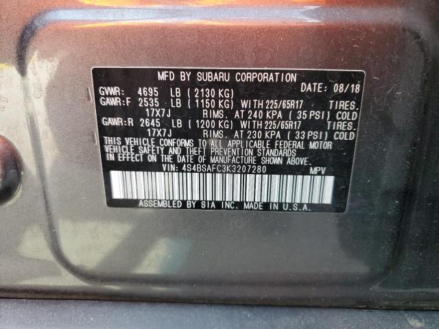 4S4BSAFC3K3207280 - 2019 SUBARU OUTBACK 2.5I PREMIUM GRAY photo 13