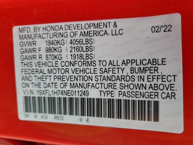 19XFL1H74NE011249 - 2022 HONDA CIVIC EXL RED photo 12