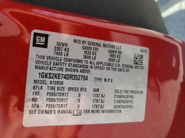 1GKS2KE74DR352704 - 2013 GMC YUKON XL K1500 SLT RED photo 10