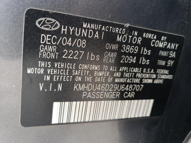 KMHDU46D29U648707 - 2009 HYUNDAI ELANTRA GLS GRAY photo 12