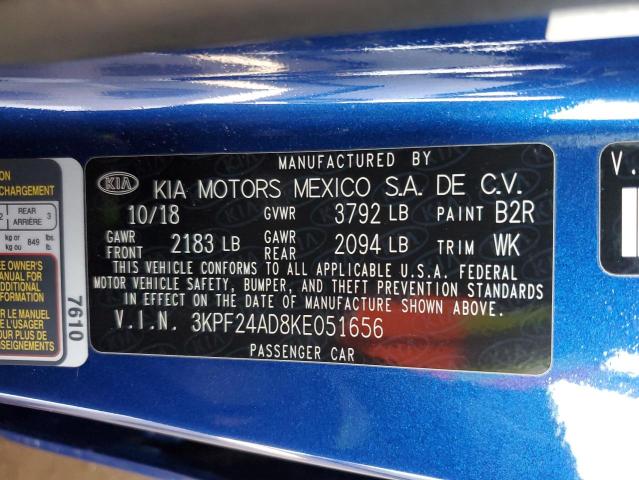 3KPF24AD8KE051656 - 2019 KIA FORTE FE BLUE photo 12