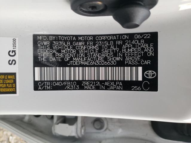 JTDEPMAE6N3026630 - 2022 TOYOTA COROLLA LE WHITE photo 13