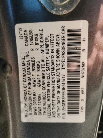 2HGFB2F99DH515717 - 2013 HONDA CIVIC EXL ნაცრისფერი ფოტო 12