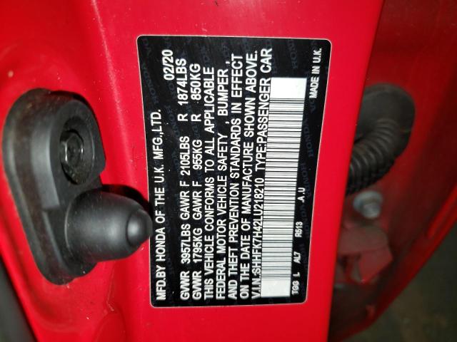 SHHFK7H42LU218210 - 2020 HONDA CIVIC SPORT 红色 照片 12