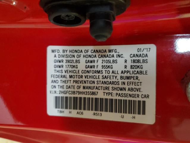 2HGFC3B79HH355867 - 2017 HONDA CIVIC EXL RED photo 12