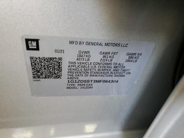 1G1ZD5ST3MF064304 - 2021 CHEVROLET MALIBU LT SILVER photo 12