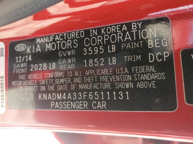 KNADM4A33F6511131 - 2015 KIA RIO LX RED photo 12