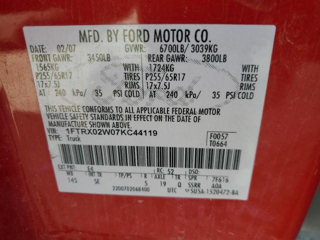 1FTRX02W07KC44119 - 2007 FORD F150 RED photo 12