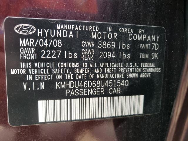 KMHDU46D68U451540 - 2008 HYUNDAI ELANTRA GLS BURGUNDY photo 12