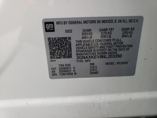 3GNAXKEV8NL203350 - 2022 CHEVROLET EQUINOX LT WHITE photo 13