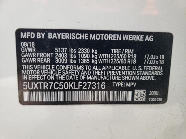 5UXTR7C50KLF27316 - 2019 BMW X3 SDRIVE30I WHITE photo 13