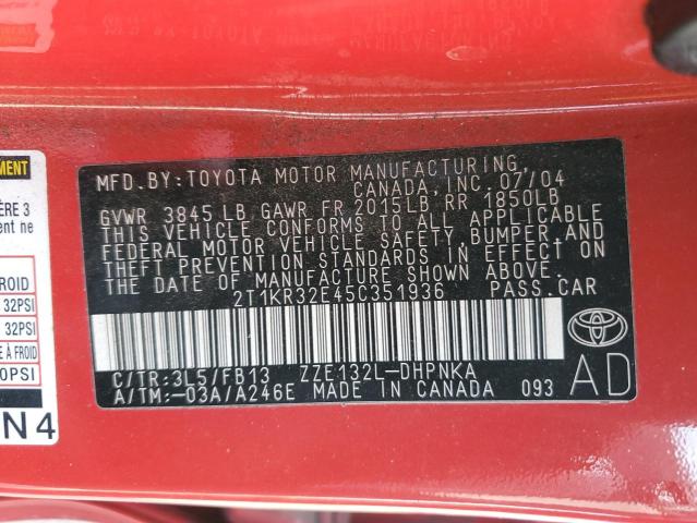 2T1KR32E45C351936 - 2005 TOYOTA COROLLA MA XR RED photo 12