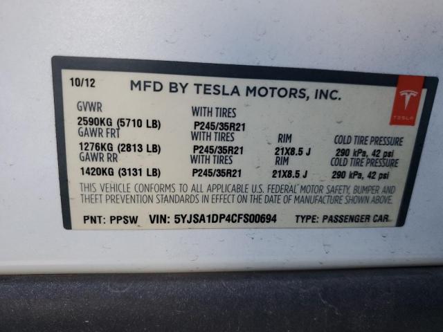 5YJSA1DP4CFS00694 - 2012 TESLA MODEL S WHITE photo 12