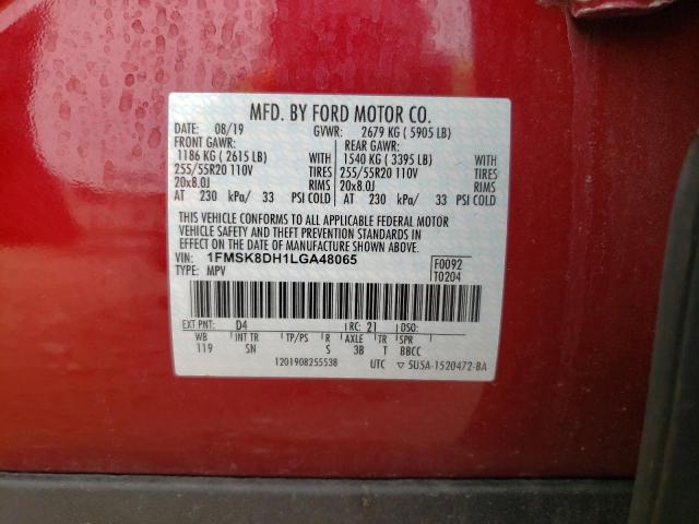 1FMSK8DH1LGA48065 - 2020 FORD EXPLORER XLT RED photo 14