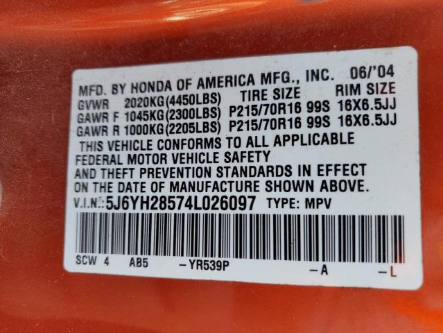 5J6YH28574L026097 - 2004 HONDA ELEMENT EX ORANGE photo 12