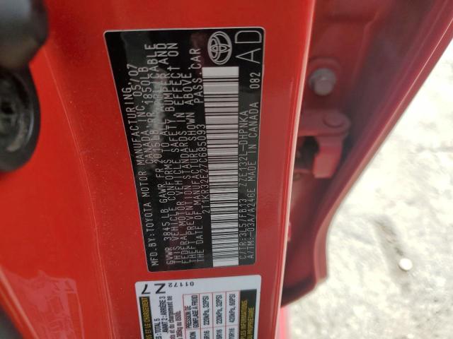 2T1KR32E27C685093 - 2007 TOYOTA COROLLA MA XR RED photo 12