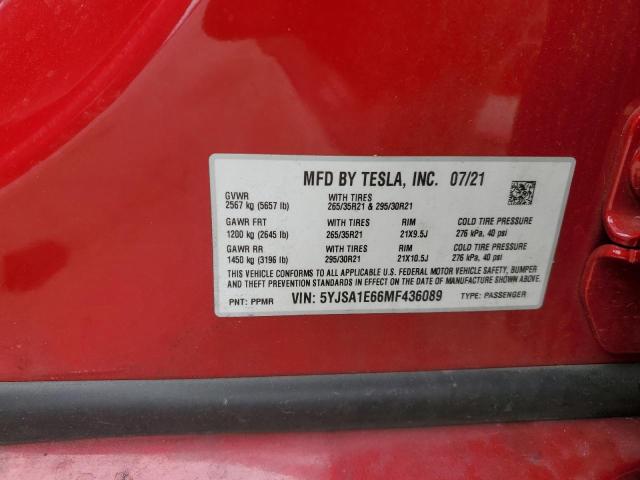 5YJSA1E66MF436089 - 2021 TESLA MODEL S RED photo 12