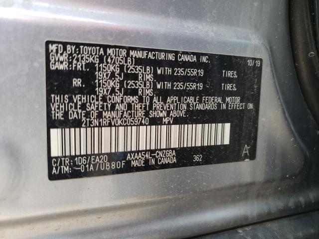 2T3N1RFV0KC059740 - 2019 TOYOTA RAV4 LIMITED GRAY photo 13