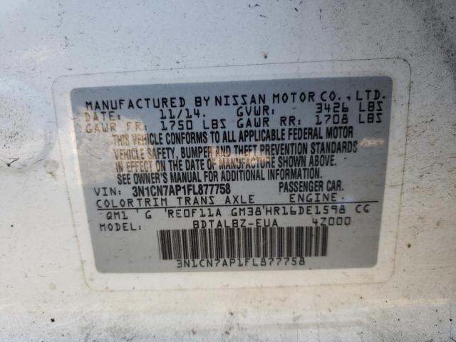 3N1CN7AP1FL877758 - 2015 NISSAN VERSA S WHITE photo 12