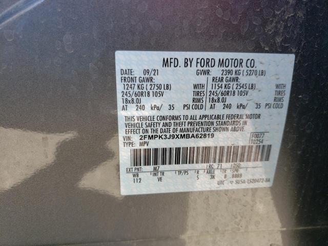 2FMPK3J9XMBA62819 - 2021 FORD EDGE SEL GRAY photo 12