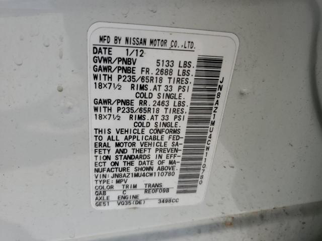 JN8AZ1MU4CW110780 - 2012 NISSAN MURANO S WHITE photo 13