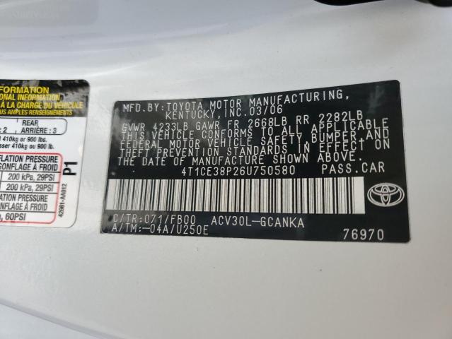 4T1CE38P26U750580 - 2006 TOYOTA CAMRY SOLA SE WHITE photo 12