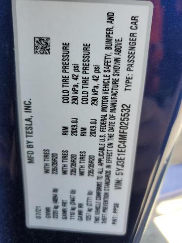 5YJ3E1EC4MF025532 - 2021 TESLA MODEL 3 BLUE photo 12