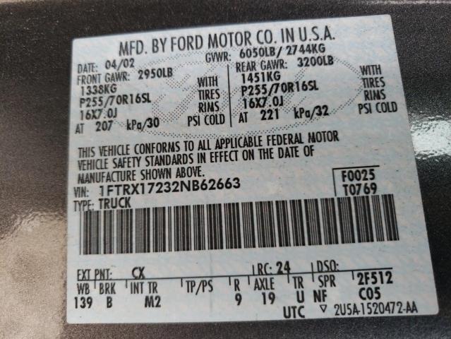 1FTRX17232NB62663 - 2002 FORD F150 GRAY photo 13