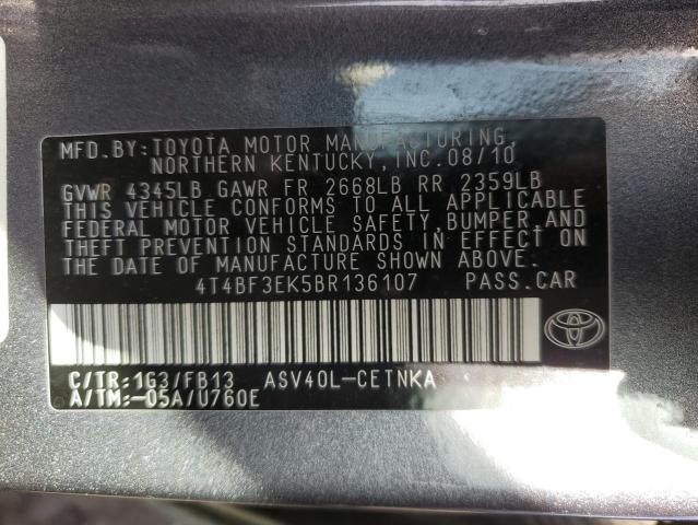 4T4BF3EK5BR136107 - 2011 TOYOTA CAMRY BASE CHARCOAL photo 12