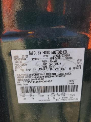 1FTPW14587KD01820 - 2007 FORD F150 SUPERCREW GREEN photo 12