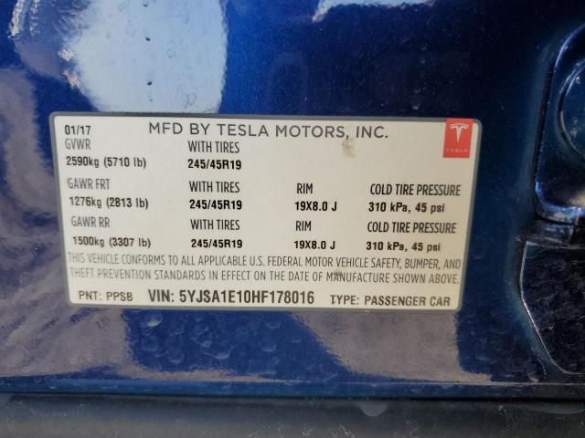 5YJSA1E10HF178016 - 2017 TESLA MODEL S Կապույտ լուսանկար 13