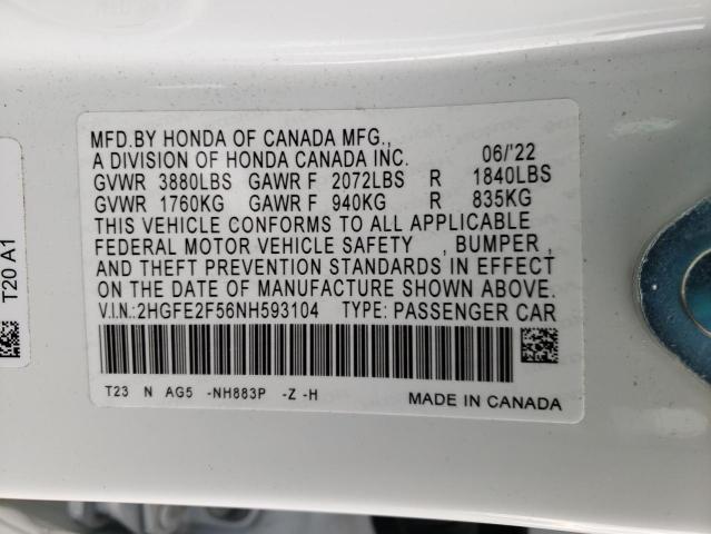 2HGFE2F56NH593104 - 2022 HONDA CIVIC SPORT 白色 照片 12