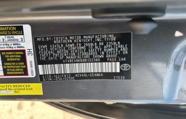 4T4BE46K69R122380 - 2009 TOYOTA CAMRY BASE GRAY photo 10