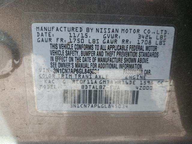 3N1CN7AP6GL845034 - 2016 NISSAN VERSA S GRAY photo 12