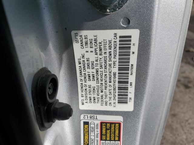 2HGFG3B07FH516480 - 2015 HONDA CIVIC EXL ვერცხლისფერი ფოტო 13