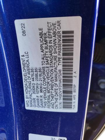 1HGCV1F31NA075248 - 2022 HONDA ACCORD SPORT BLUE photo 13