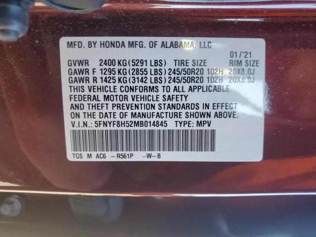 5FNYF8H52MB014845 - 2021 HONDA PASSPORT EXL MAROON photo 12