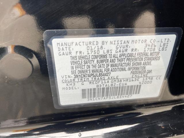 3N1CN7AP5JL854427 - 2018 NISSAN VERSA S BLACK photo 10